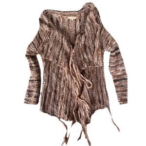 Altar’d State Brown Fringe Cardigan Open Front Loose Knit Sweater Wool/acrylic M
